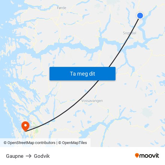 Gaupne to Godvik map