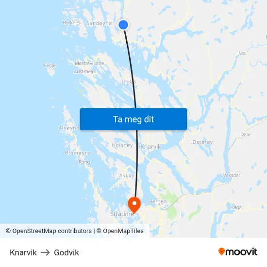 Knarvik to Godvik map