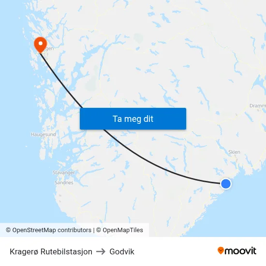 Kragerø Rutebilstasjon to Godvik map