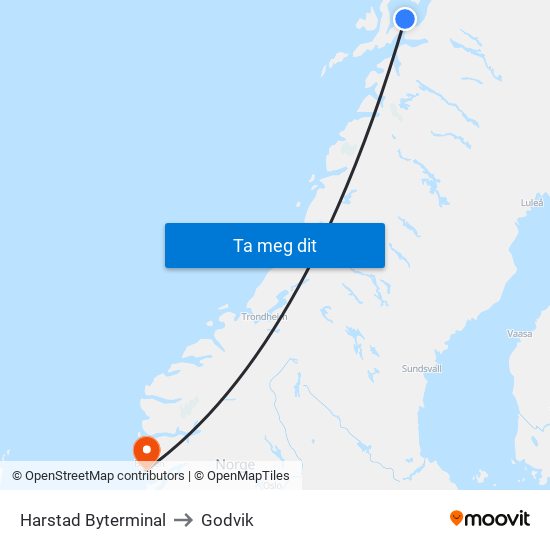 Harstad Byterminal to Godvik map