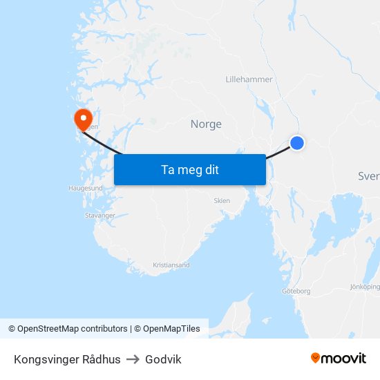 Kongsvinger Rådhus to Godvik map