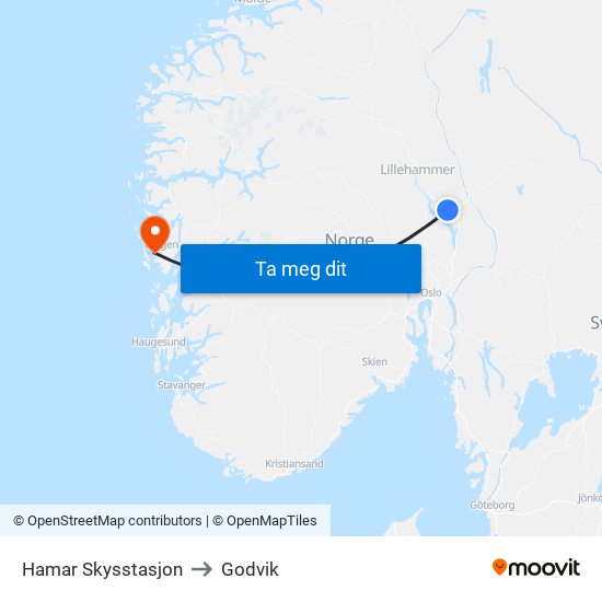 Hamar Skysstasjon to Godvik map