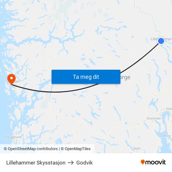 Lillehammer Skysstasjon to Godvik map