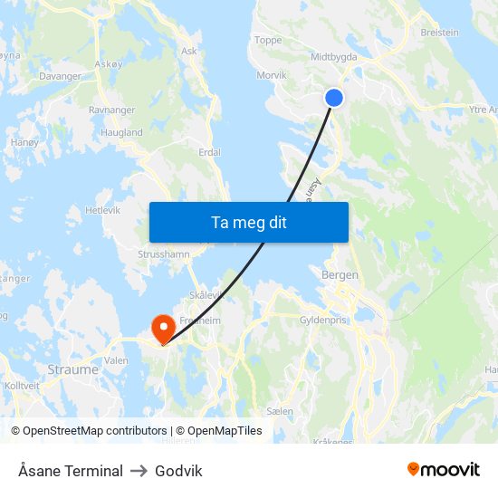 Åsane Terminal to Godvik map