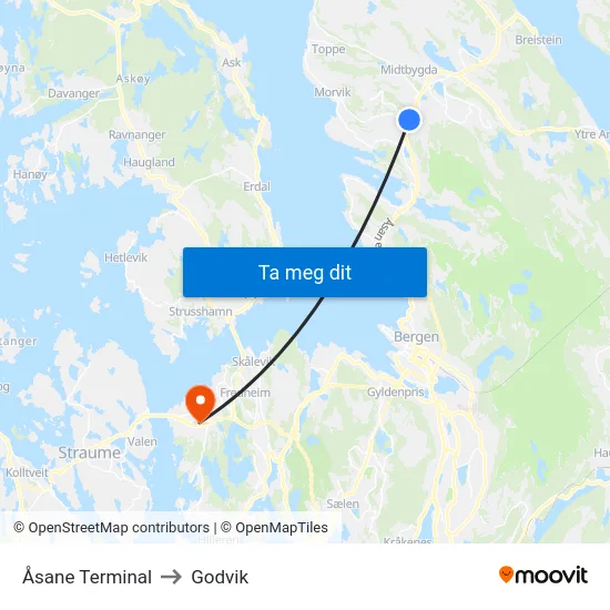 Åsane Terminal to Godvik map