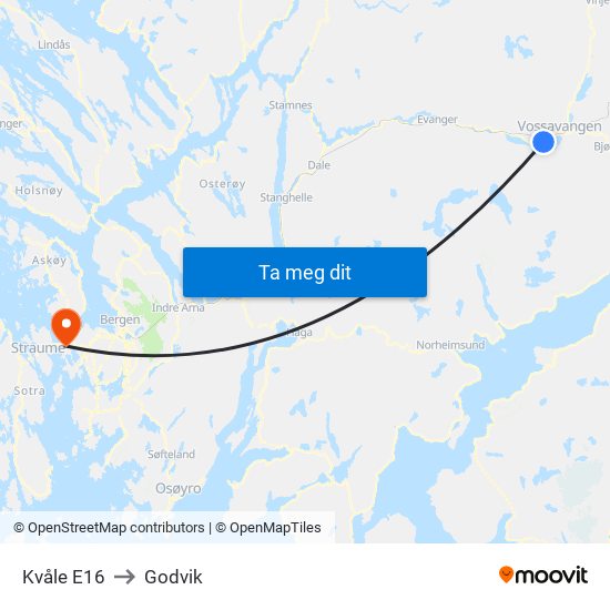 Kvåle E16 to Godvik map