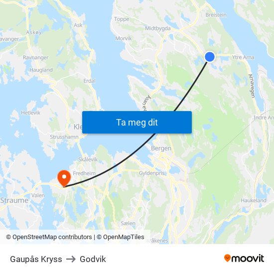 Gaupås Kryss to Godvik map