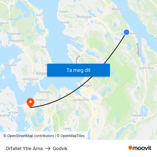 Orfallet Ytre Arna to Godvik map