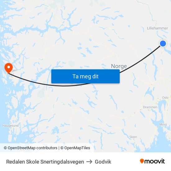 Redalen Skole Snertingdalsvegen to Godvik map