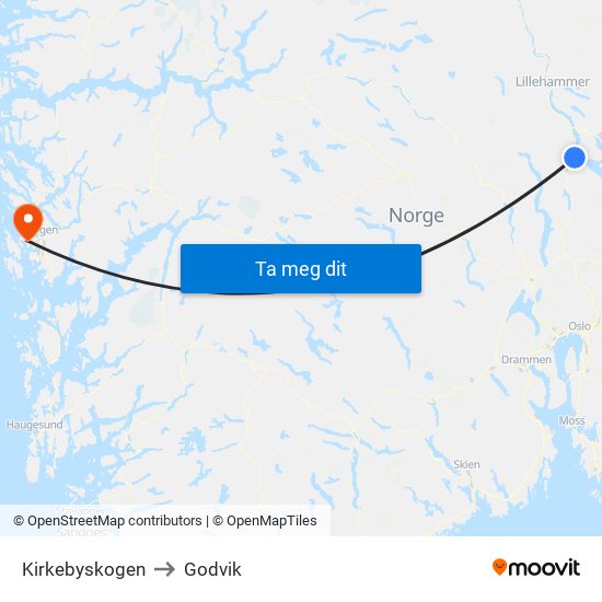 Kirkebyskogen to Godvik map