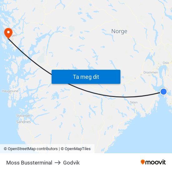 Moss Bussterminal to Godvik map