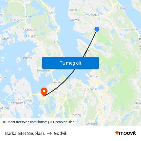 Barkaleitet Snuplass to Godvik map