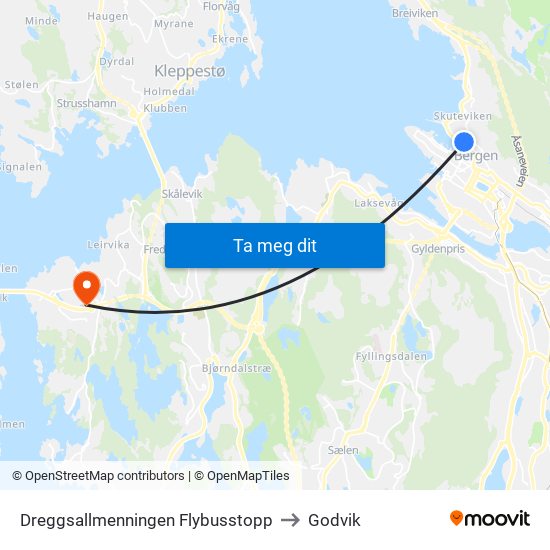 Dreggsallmenningen Flybusstopp to Godvik map