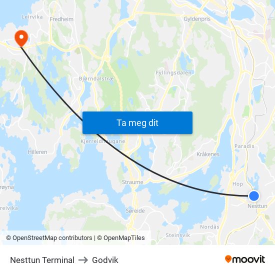 Nesttun Terminal to Godvik map