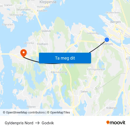 Gyldenpris Nord to Godvik map