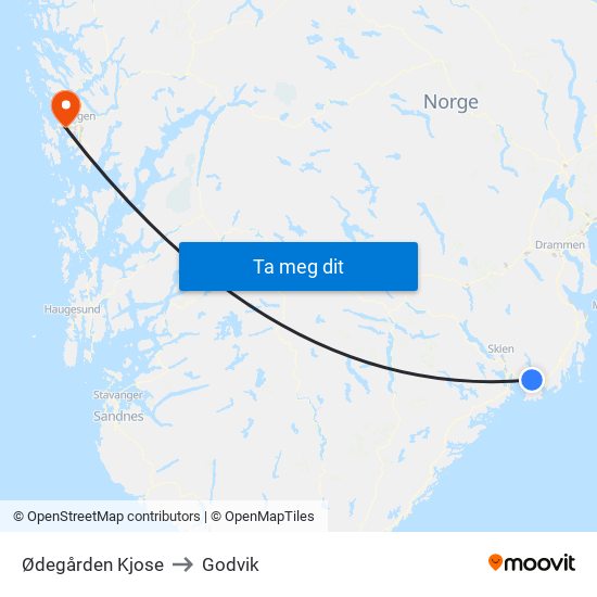 Ødegården Kjose to Godvik map
