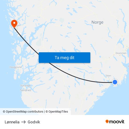 Lønnelia to Godvik map