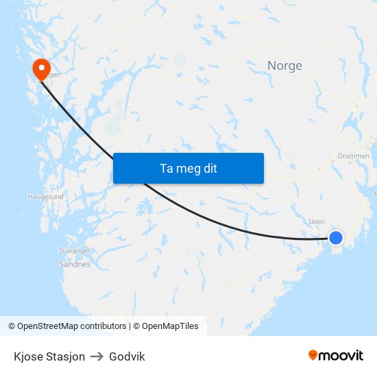 Kjose Stasjon to Godvik map