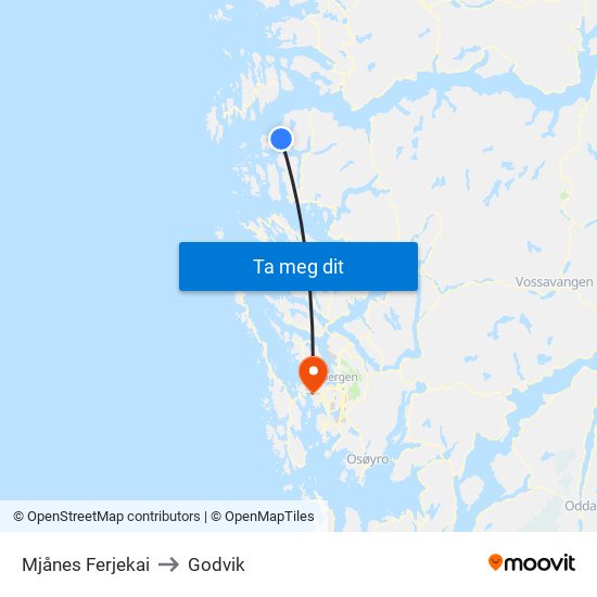 Mjånes Ferjekai to Godvik map