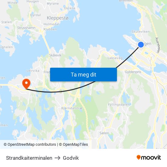 Strandkaiterminalen to Godvik map