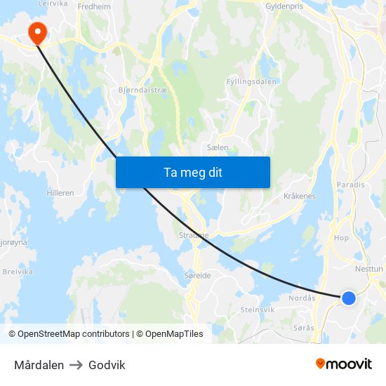 Mårdalen to Godvik map