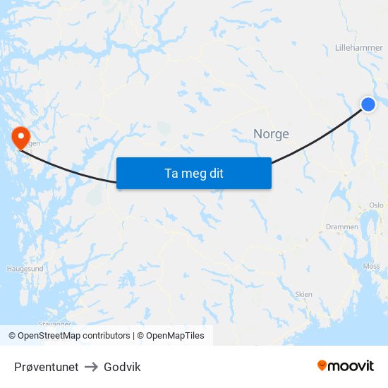 Prøventunet to Godvik map