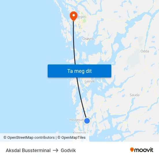 Aksdal Bussterminal to Godvik map