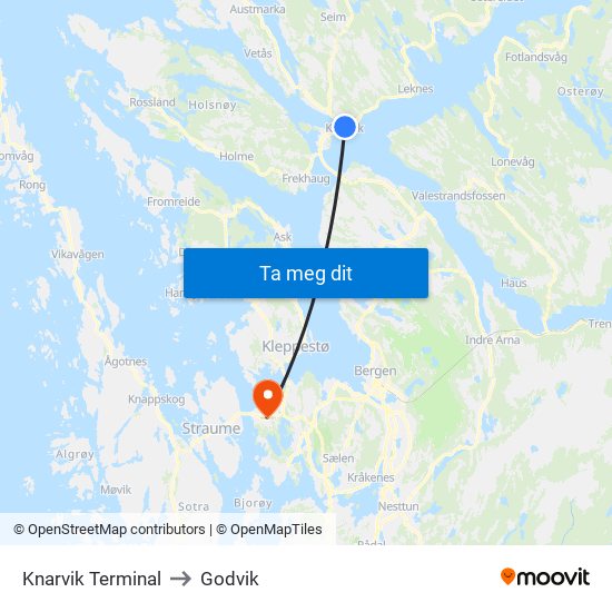Knarvik Terminal to Godvik map
