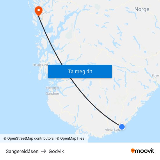 Sangereidåsen to Godvik map