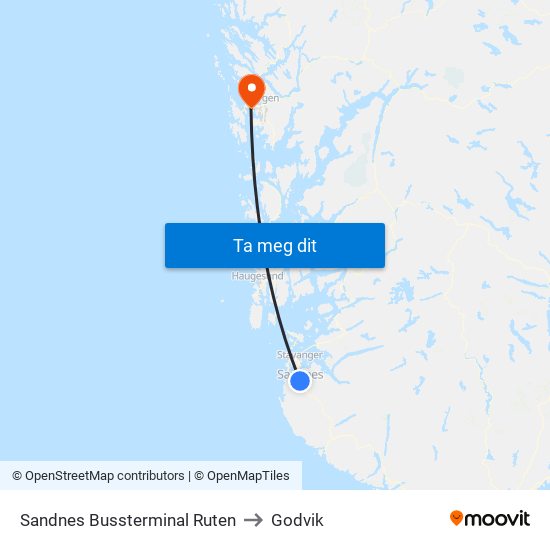 Sandnes Bussterminal Ruten to Godvik map