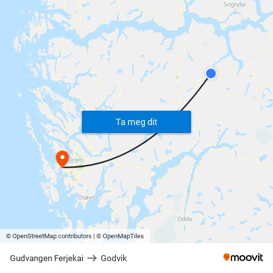 Gudvangen Ferjekai to Godvik map