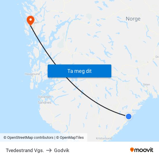 Tvedestrand Vgs. to Godvik map