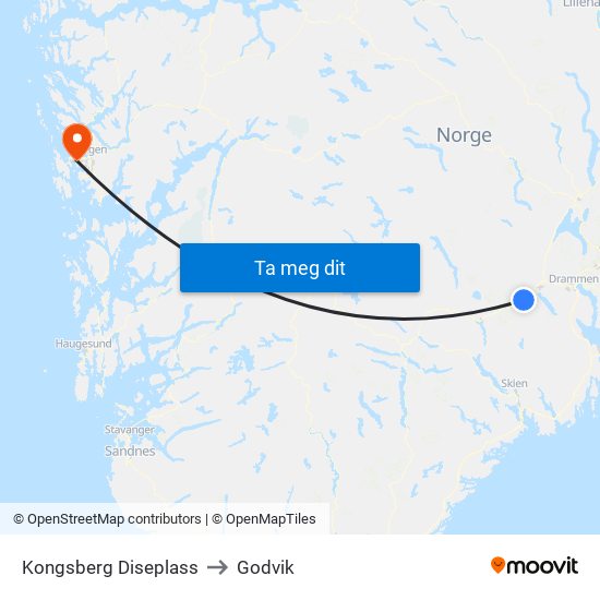 Kongsberg Diseplass to Godvik map