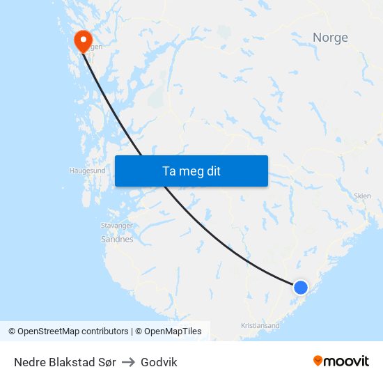 Nedre Blakstad Sør to Godvik map