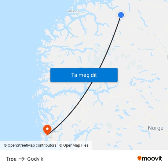 Trøa to Godvik map