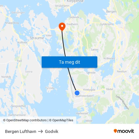Bergen Lufthavn to Godvik map