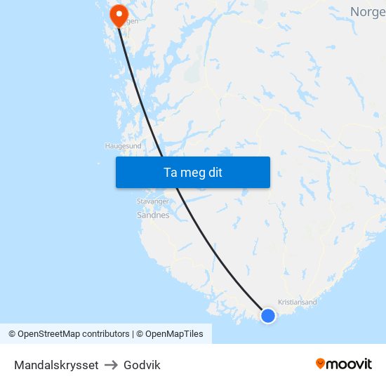 Mandalskrysset to Godvik map