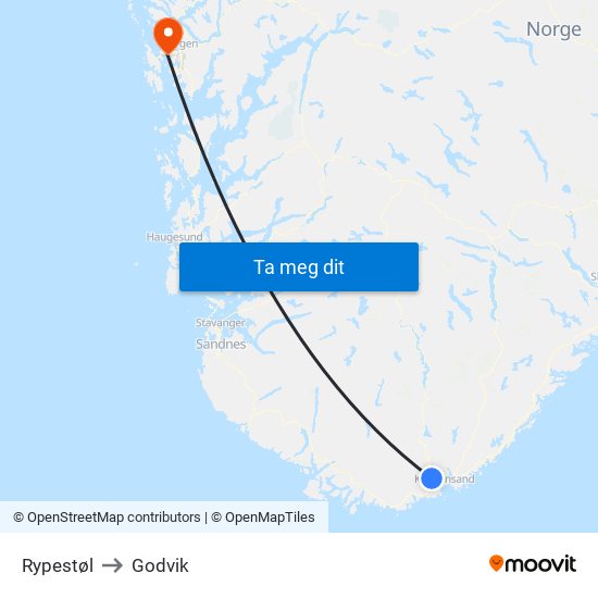 Rypestøl to Godvik map