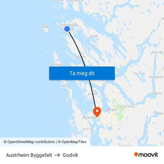 Austrheim Byggefelt to Godvik map