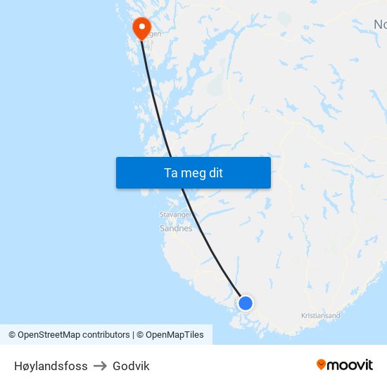 Høylandsfoss to Godvik map