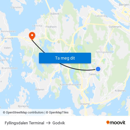 Fyllingsdalen Terminal to Godvik map