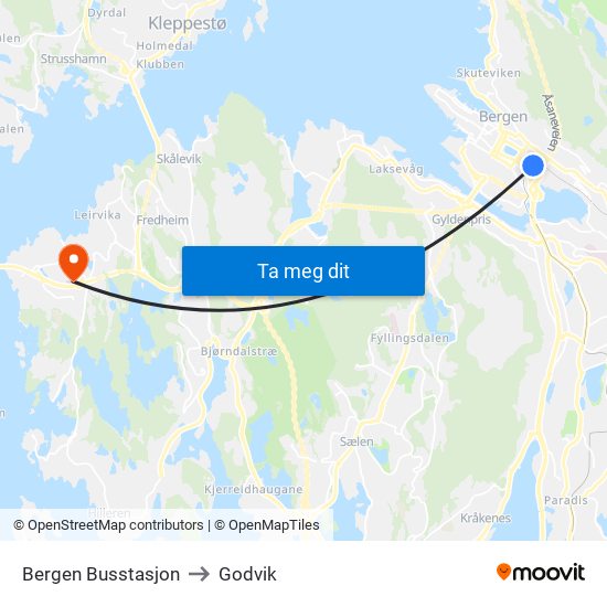 Bergen Busstasjon to Godvik map