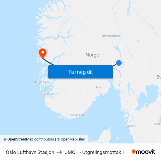 Oslo Lufthavn Stasjon to UMO1 - Utgreiingsmottak 1 map