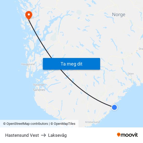 Hastensund Vest to Laksevåg map