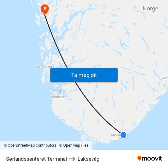 Sørlandssenteret Terminal to Laksevåg map