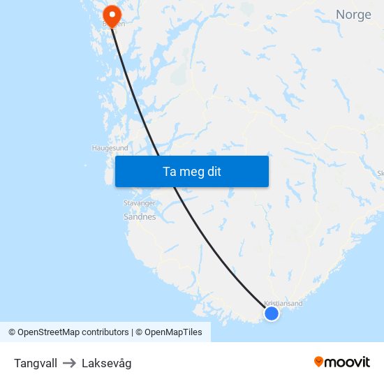 Tangvall to Laksevåg map