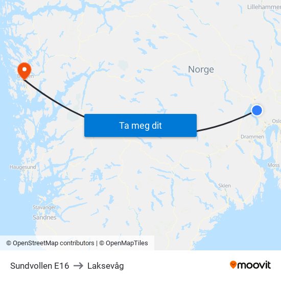 Sundvollen E16 to Laksevåg map