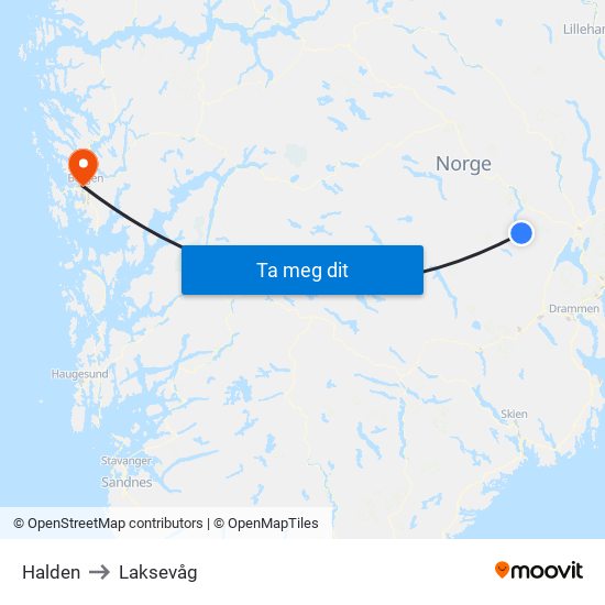 Halden to Laksevåg map