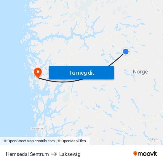 Hemsedal Sentrum to Laksevåg map