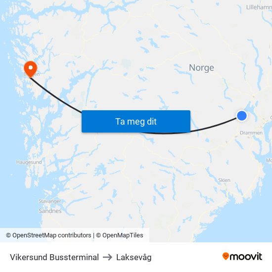 Vikersund Bussterminal to Laksevåg map